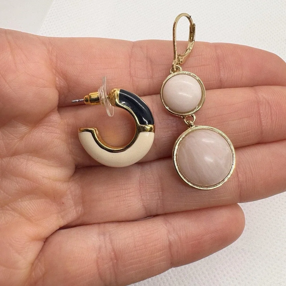 Lot of 2 Vintage Monet Earrings Gold Tone Black Cream Enamel Hoops Pink Moonglow